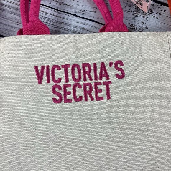 Victoria's Secret Tote Beach Bag Pink Orange Canvas Large Carryall Shoulder - Picture 2 of 8